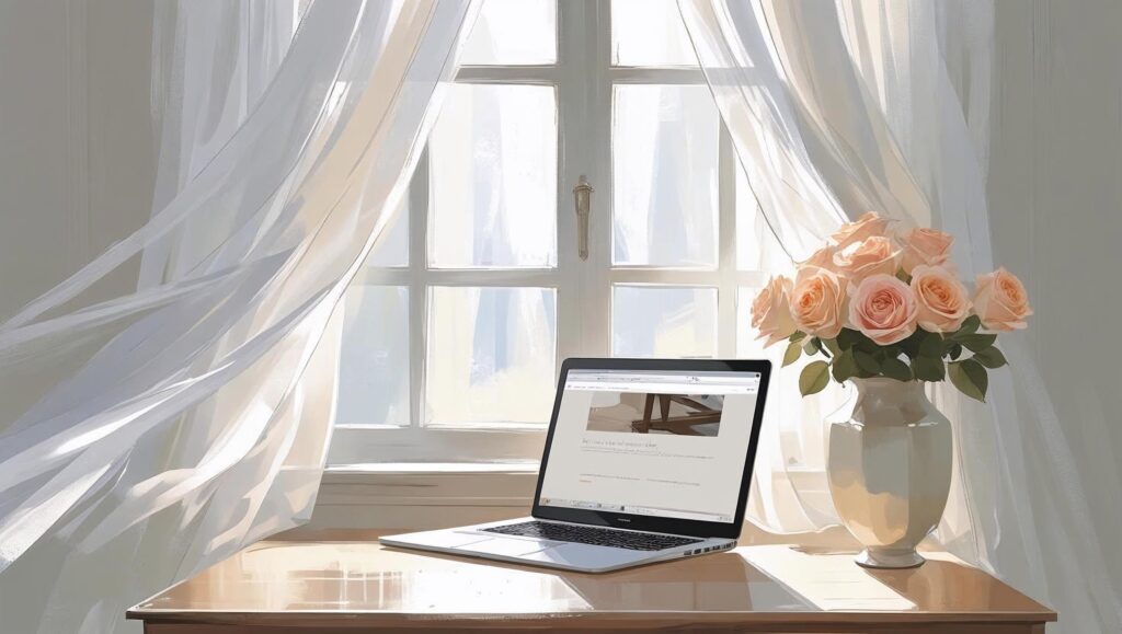 窓際のテーブルにPCと花瓶に入った花