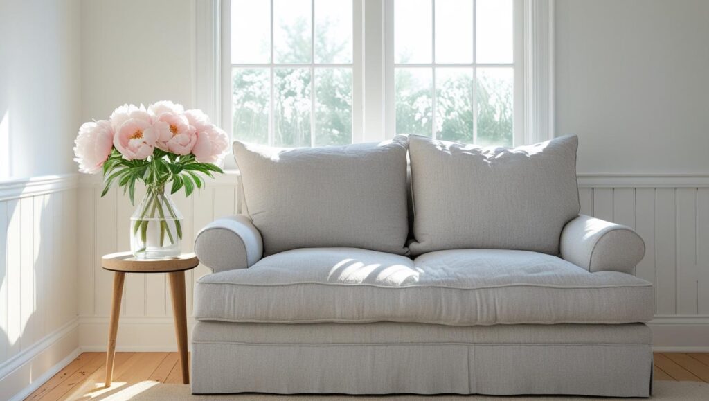 白を基調とした部屋。明るい陽射し。リラックスできるソファー。テーブルの上に、淡いピンクの花が花瓶に刺さっている。