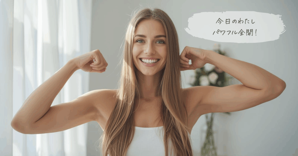 女性が嬉しそうにガッツポーズをしている